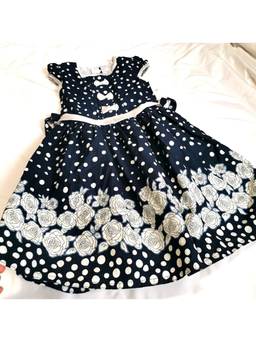 Girls Retro Polka Dot & Floral Party Dress Navy Size 8